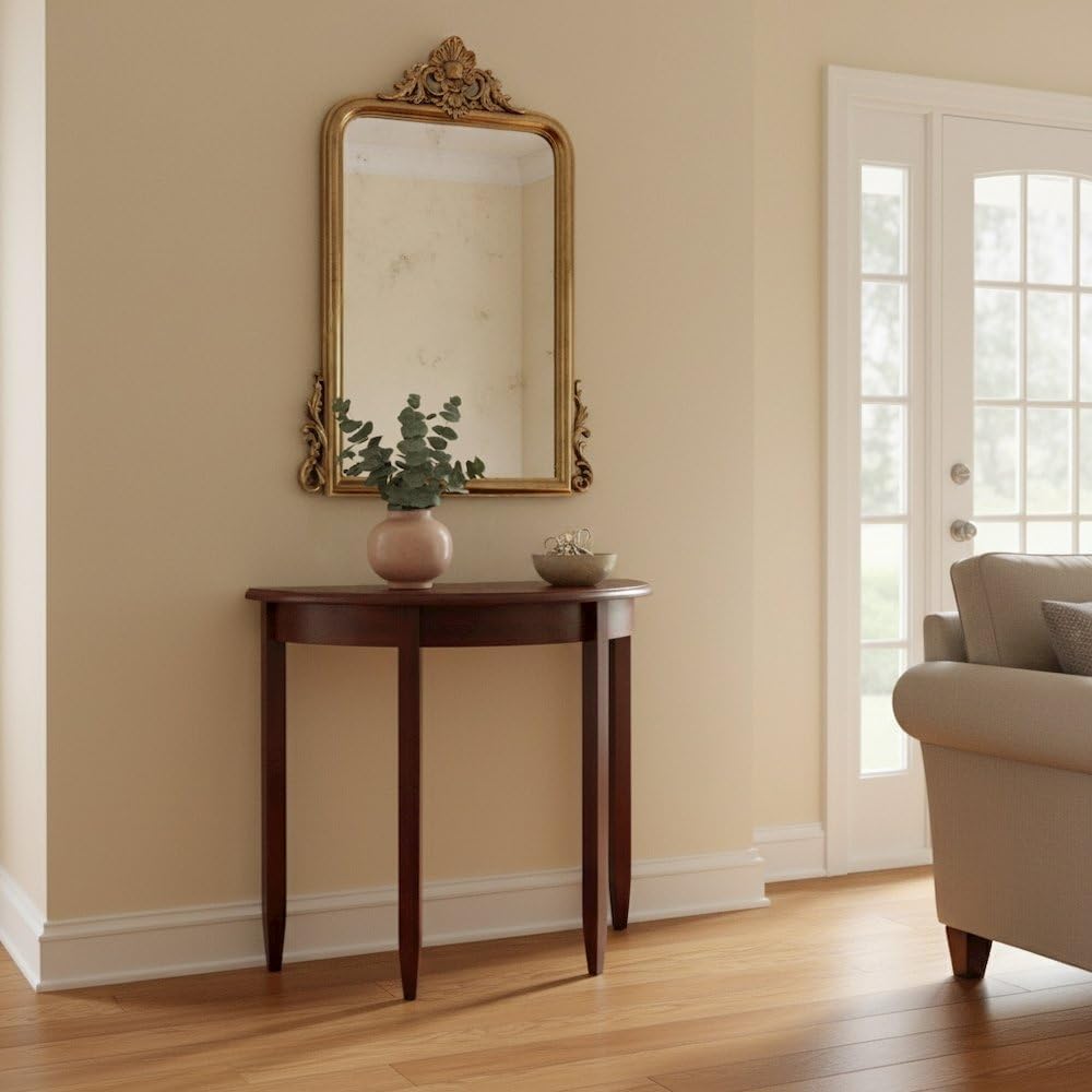 Furnifact Solid Wood Half Moon Table in Antique Walnut Finish, Elegant Small Entryway Table with Half Round Shape for Hallways, Or Living Rooms