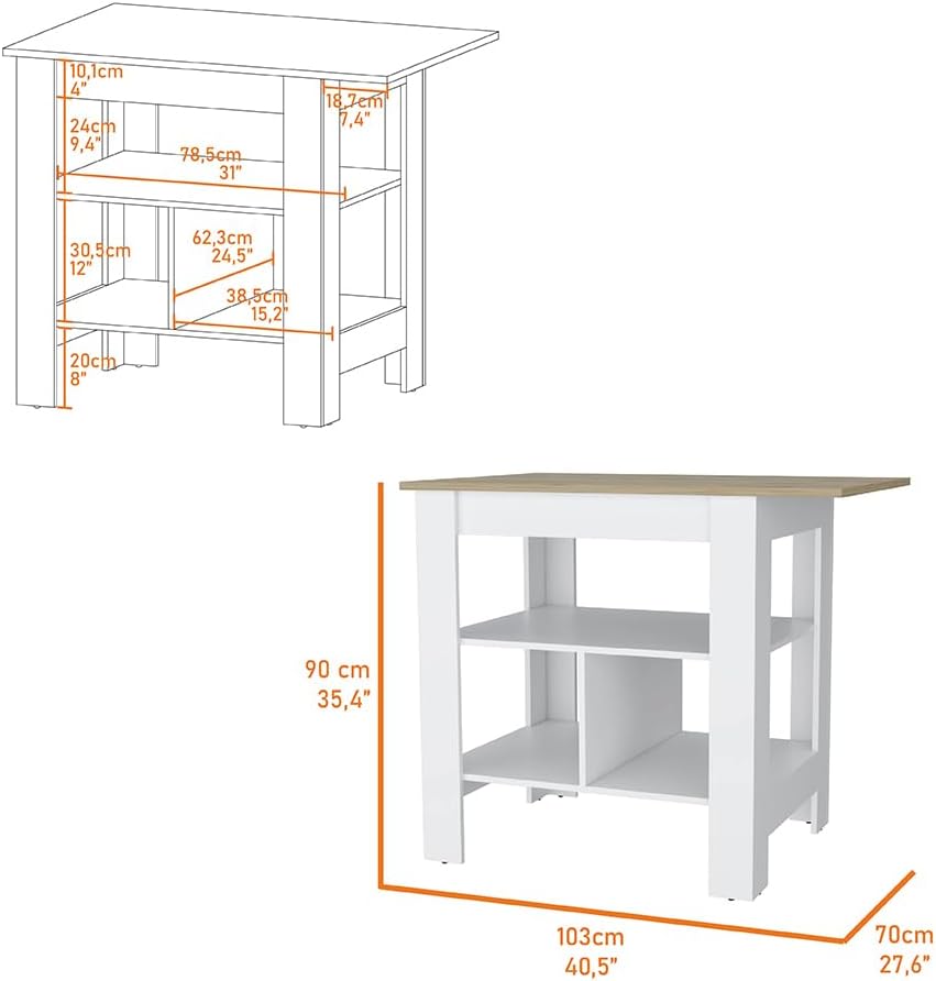 Kitchen Island Pompeya with Three Shelves White Finish | Three-shelf design with white finish and particle board construction