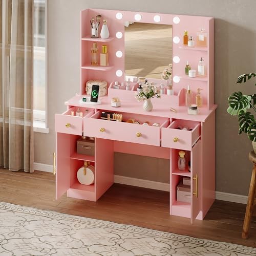 HUANLEGO Vanity Desk with Mirror and Lights, Makeup Vanity with Mirror and LED Lights & Power Outlet, 3 Drawers and Cabinets, 3 Lighting Modes Dressing Table Set for Girls Women Bedroom,Pink