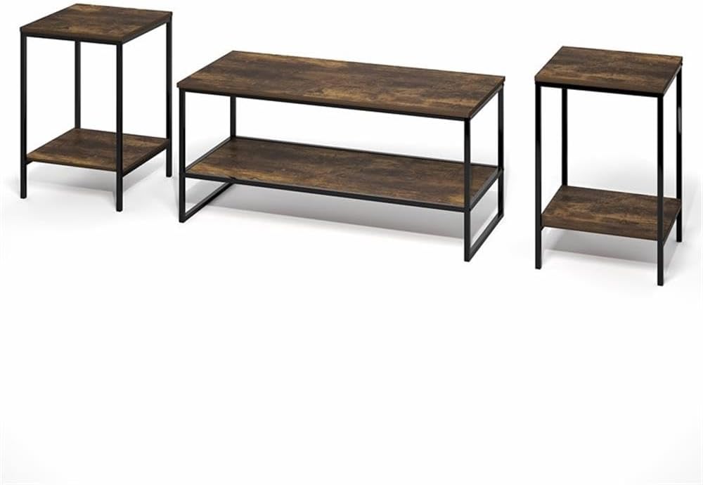 Pemberly Row 3-Piece 2-Tier Coffee Table Set, Amber Pine Finish, Engineered Wood and Metal, Includes Coffee Table and 2 Side Tables, Durable Living Room Furniture for Small Spaces and Organization