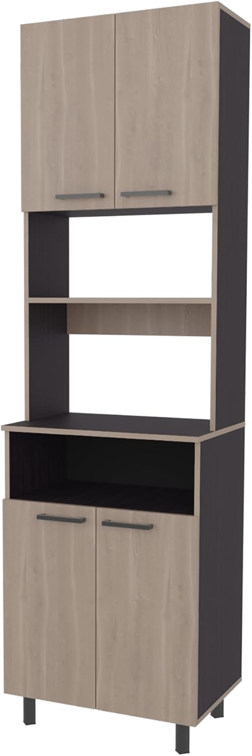 Bullhead City Kitchen Pantry with 4 Doors, White Oak and Wengue | Combines open shelves and closed cabinet in multi-color design