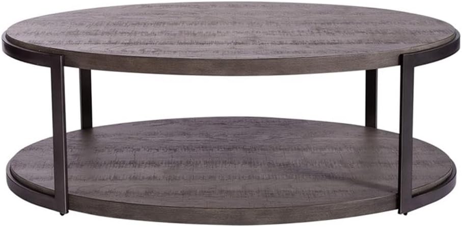 Pemberly Row 3-Piece Living Room Table Set, Metal Frame and Gray Wirebrush Finish, Includes Oval Cocktail Table with Casters and 2 Tiered End Tables, Open Shelf Design, Modern Coffee Table Set