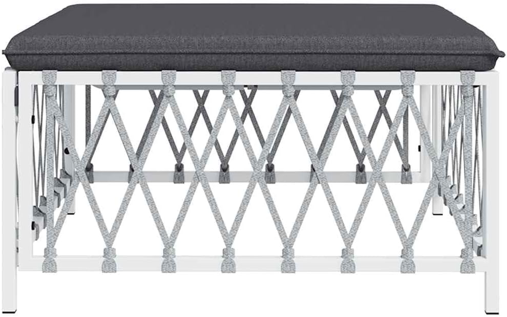 Patio Footstool with Cushion, White Woven Fabric Ottoman, Powder-Coated Steel Frame, Thickly Padded Seat for Garden Relaxation