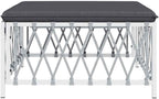 Patio Footstool with Cushion, White Woven Fabric Ottoman, Powder-Coated Steel Frame, Thickly Padded Seat for Garden Relaxation