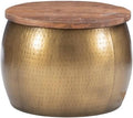 MAKLAINE Large Hammered Metal Drum Table with Storage, Brass Finish, Solid Mango Wood Top, 27.5 in Diameter, Handcrafted Accent Table for Living Room or Bedroom Use