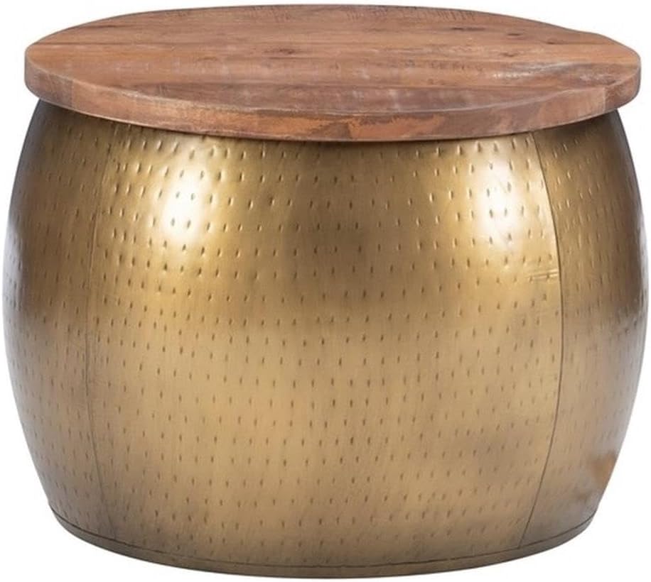 MAKLAINE Large Hammered Metal Drum Table with Storage, Brass Finish, Solid Mango Wood Top, 27.5 in Diameter, Handcrafted Accent Table for Living Room or Bedroom Use