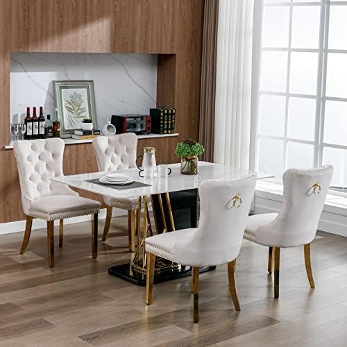 Velvet Dining Chairs Set of 4, Mid Century Tufted Dining Room Chairs with Nailhead Back Ring, Metal Legs, Modern Style for Kitchen, sillas de comedor (Beige, Golden Legs, 4 Pcs)