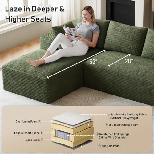 ONEMMLION 96" L-Shaped Cloud Couch Sofa with Chaise, Green | Corduroy Comfy Fluffy Modular Deep Seat Memory Foam Compressed Sectional Sofa for Living Room Oversized Left Facing Chaise