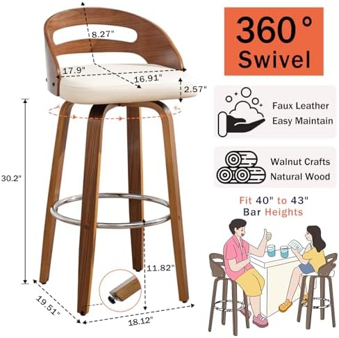 Swivel Bar Stools, 30 inch Mid Century Modern Bar Stools with Low Back | Solid Bentwood Frame, Walnut Finish, Wooden Legs, Faux Leather Upholstered Seat, Bar Chairs for Bar, Cafe, Pub, Restaurant