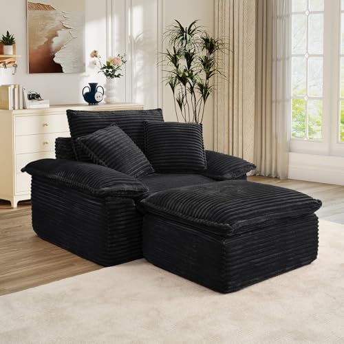 Oversized Chaise Lounge Chair Indoor with Ottoman, Upholstered Corduroy Modern Sofa Chair, Deep Seat Comfy Reading Armchair, Sleeper Sectional Couch for Living Room/Bedroom(47.6"W, Black)