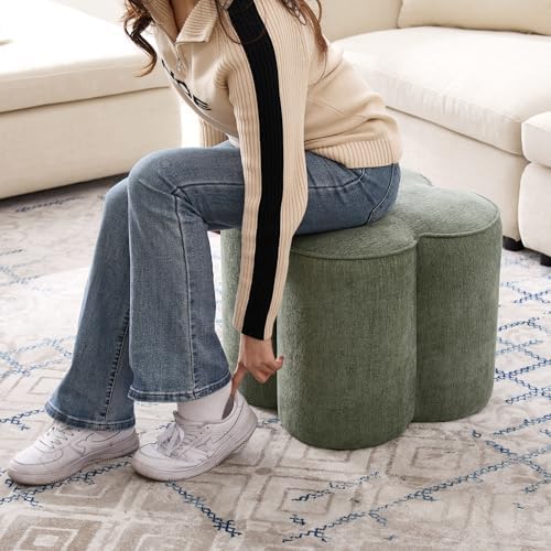 Zesthouse Flower Pouf Ottomans Foot Rest Set of 2, Linen Poofy Ottomans | Large Ottoman Footstool for Couch, Modern Living Room Stool Seat, Cute Square Vanity Stool for Bedroom, Green Dorm Foot Stool