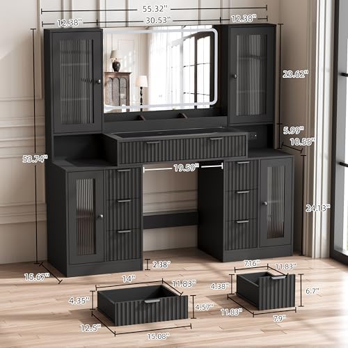 55" Vanity Desk with Mirror & Lights, Fluted Makeup Vanity with 8 Drawers & 4 Cabinets, Tempered Glass Top, RGB Cabinet Lighting, 3-Color Dimmable Mirror, and Charging Station