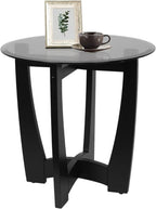 LKTART Glass End Table, 23.5" Round Side Tables with Black Tempered Glass Top Cross and Solid Wood Base Small Night Stand for Living Room Office Apartment Black