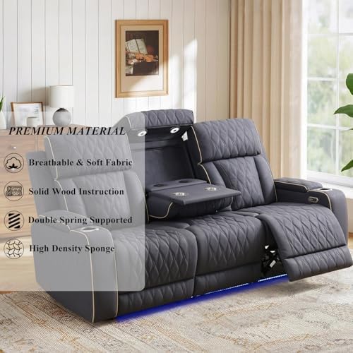 Power Reclining Sofa Set with USB Charging/LED, Blueish Grey Leather Recliner Couch with Cup Holders/Storage Console, 3 Pieces Home Theater Furniture for Living Room/Apartment/Office