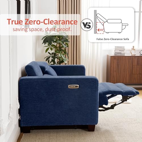 MCombo 85.4'' Zero Wall Hugger Power Recliner Sofa, HL198M3 (Navy Blue) | 3-Seater, Power Headrest, USB A & C Charge Ports, Solid Wood Legs, Small Spaces, Living Room, Chenille Fabric