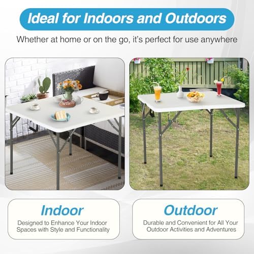 FDW | 34" Folding Table | White | Portable Plastic Table | with Carry Handle | Waterproof & Foldable Table Design | Steel Frame with Lock | for Events, Camping, Indoor & Outdoor Use