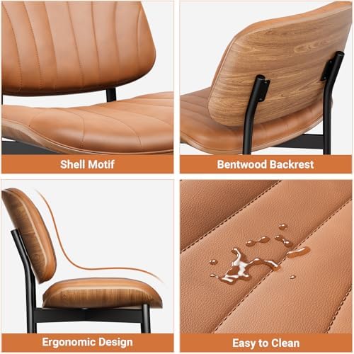 YaFiti Dining Chairs Set of 2, Mid Century Modern PU Leather Kitchen Chairs | Ergonomic Walnut Backrest, Upholstered Waterproof PU Leather Seat, Stable Metal Legs, Adjustable Footpads, Light Tan Scallop