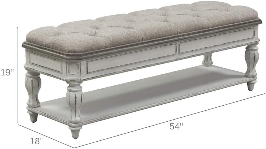 Starlight Canyon Home Antique White Bedroom Bench with Storage Shelf, Upholstered End of Bed Bench with Faceted Legs and Ivory Tweed Seat for Elegant Comfort