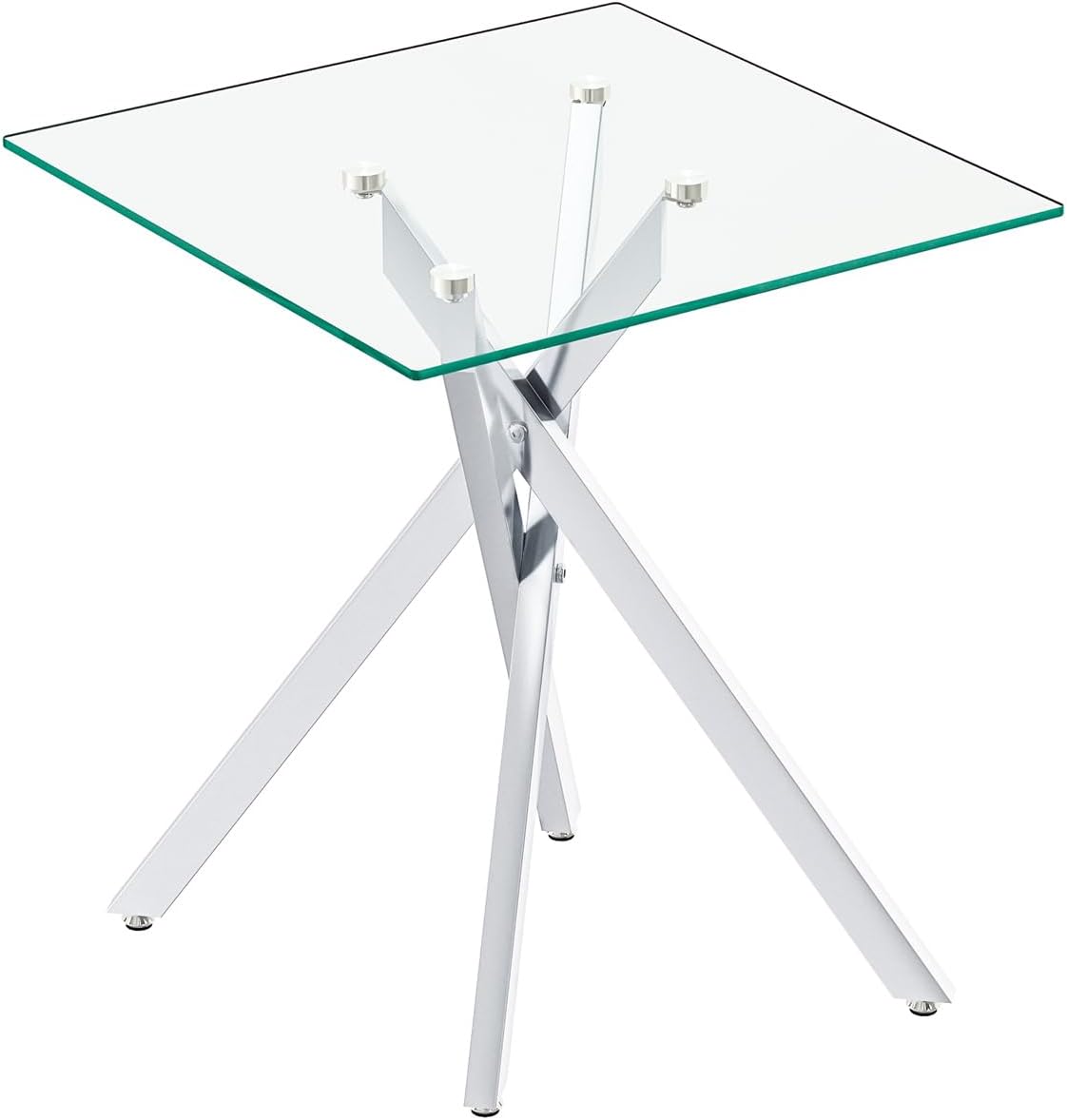 Modern Square End Table with Glass Top, Glass End Side Table for Living Room Office, 17.72 x 17.72 x 20.87 inches, Silver Metal X-Base, Adjustable Feet (1, Silver)