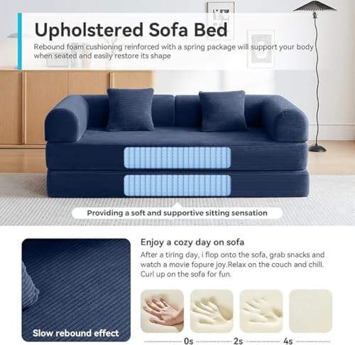 79" Convertible Sofa Bed, Couch for Small Living Room | Corduroy Loveseat Sleeper Sofa, Modular Futon Couch with 2 pillow, Pull Out Couch No Assembly (Navy Blue)