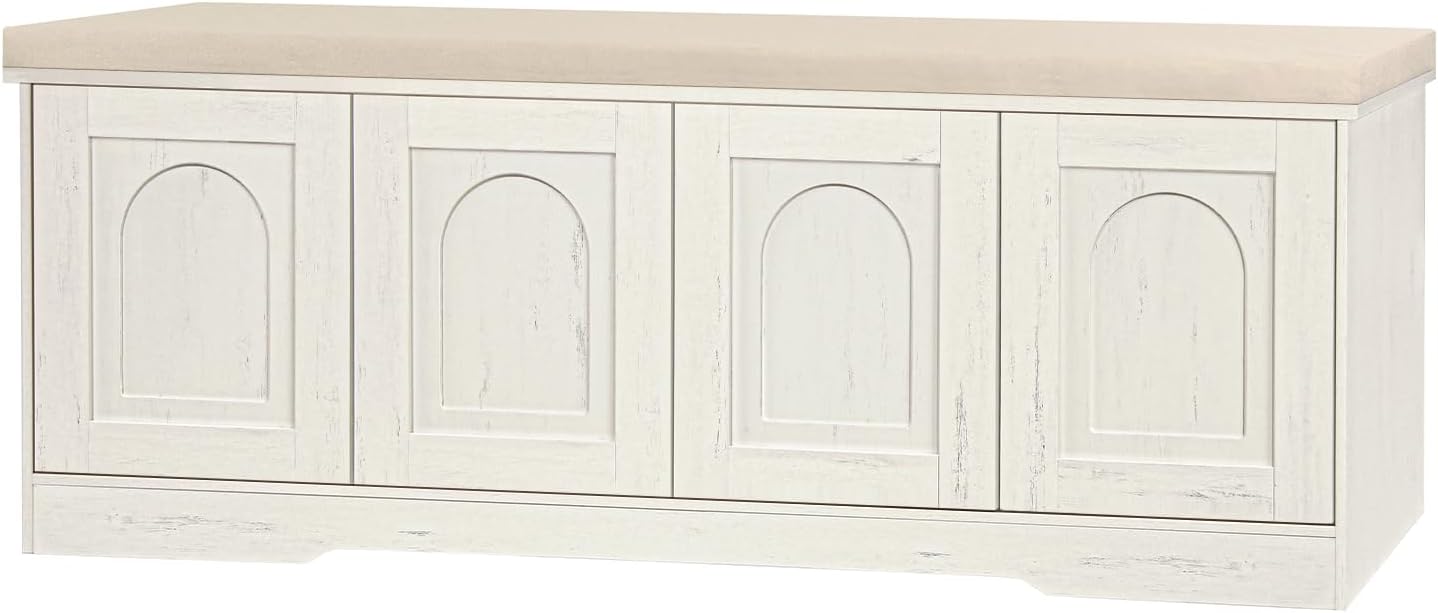 DINZI LVJ Shoe Bench, Entryway Storage Bench with Doors, Cushion, 2-Tier Shoe Rack with 8-Cubby, 47.2”L x 13.8”W Farmhouse Shoe Organizer Cabinet, Adjustable Shelf, Living Room, Bedroom, Rustic White