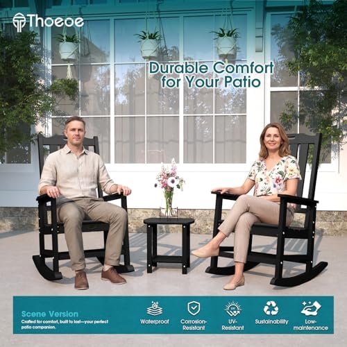 THOEOE Outdoor Rocking Chairs Set of 2, Oversized Patio Rocking Chair | HDPE Outdoor Rockers for Front Porch, Patio, Backyard, Balcony and Garden. All-Weather High Back Design, Black