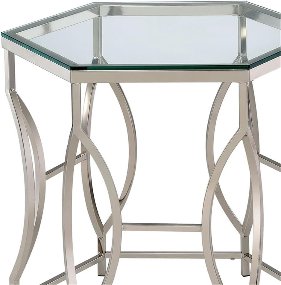 BOWERY HILL Contemporary Metal End Table, Chrome Finish, Hexagon 8mm Tempered Glass Top, Steel Frame with Circular Side Panels, Modern Geometric Design for Living Room