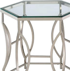 BOWERY HILL Contemporary Metal End Table, Chrome Finish, Hexagon 8mm Tempered Glass Top, Steel Frame with Circular Side Panels, Modern Geometric Design for Living Room