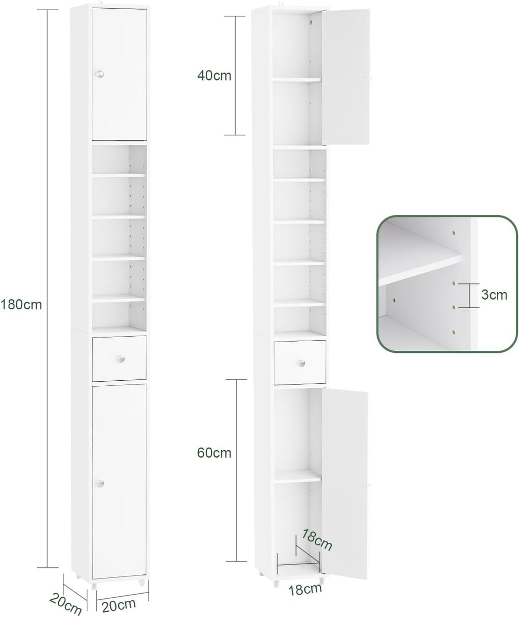 Haotian Narrow Bathroom Storage Cabinet, Tall Slim Cabinet with Adjustable Shelves and Doors, Floor Standing Cupboard for Small Spaces, Bathroom or Laundry Room Organizer, White BZR34-W