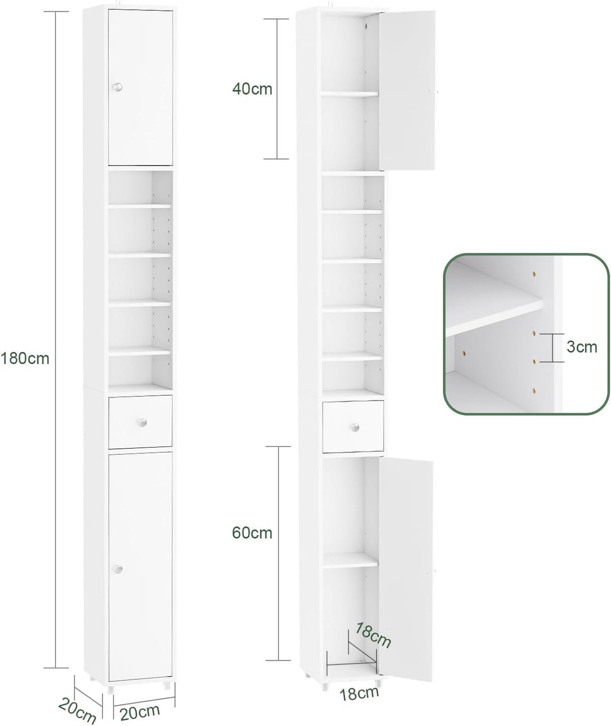 Haotian Narrow Bathroom Storage Cabinet, Tall Slim Cabinet with Adjustable Shelves and Doors, Floor Standing Cupboard for Small Spaces, Bathroom or Laundry Room Organizer, White BZR34-W