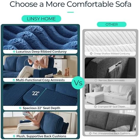 LINSY HOME Sectional Couches for Living Room, 81" L Shape 3 Seats, Blue | Sleeper sofa with pull out couch bed, corduroy couch with storage