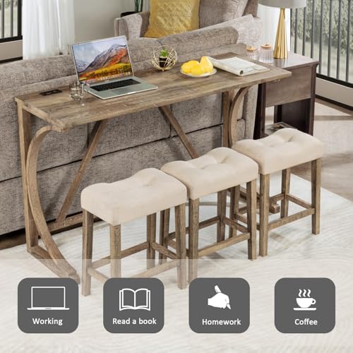 4-Piece Bar Table Set with Power Outlet, Dining Table and Chairs Set with 3 Padded Stools for Living Room/Dining Room/Game Room, Brown