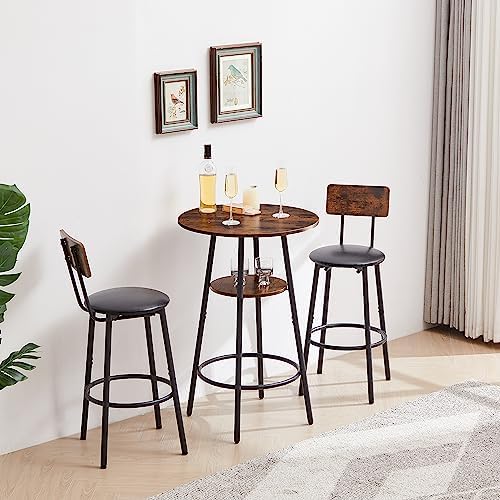 23.6" 3 Piece Round Bar Table and Chair Set with Shelf Rustic Brown | Rustic Brown Particleboard And Black Steel Frame With Integrated Middle Storage Shelf For Small Spaces