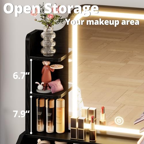 LIKIMIO Small Vanity Desk with Mirror Lights and Storage Stool | Black compact vanity with 3 light modes, charging station, storage drawer, 3 shelves and upholstered stool