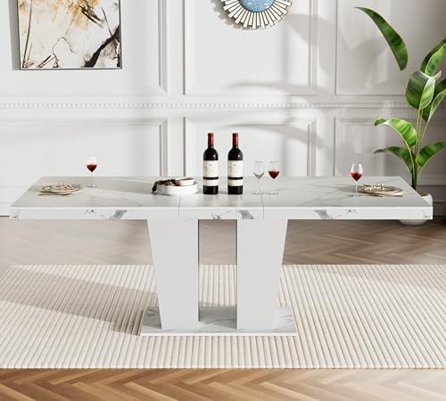White Faux Marble Dining Room Table Set for 6, 7-Piece 63"-78.74" Extendable Dining Table Set with 6 Chairs, Rectangle Wooden Expanding Kitchen Table and Beige Upholstered Chairs Set