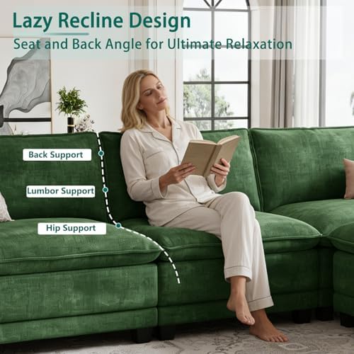 140" Modular Sectional Couch, U Shaped Cloud Sofa for Living Room | Comfortable Foam Cushions, Sturdy Frame, Appealing Appearance, Easy Assembly, Soft Chenille, Modular Design, Green