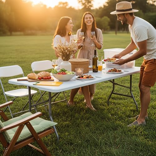 6FT White Plastic Folding Table Heavy Duty Tables Set of 1 | HDPE Tabletop Fold-in-Half Portable Utility Foldable Carrying Handle for Party Picnic Dining Office Event Indoor & Outdoor