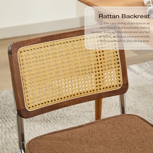 Rattan Back Linen Dining Chair Set of 4 Modern Breuer Designed Stainless Chrome Base Armless Upholstered Dining Chair for Dining Room, Kitchen Island(Coffee)