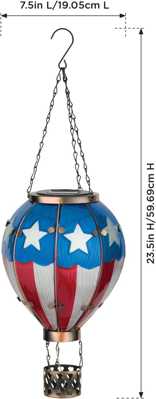 Regal Art & Gift Hot Air Balloon Solar Lantern – Hanging Solar-Powered LED Lights, Waterproof Portable Decorative Outdoor Lamp Made of Metal & Glass for Garden, Patios & Pathway – Americana (Large)