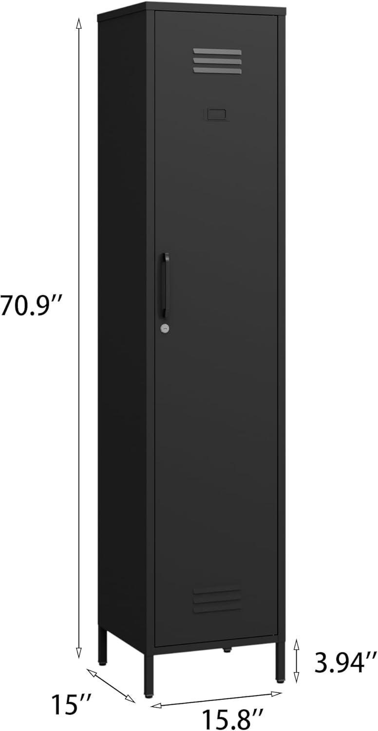 Tall Single Door Metal Locker with Adjustable Shelves, Black Tall Metal Locker Storage Cabinet，Easy Assembly for Living Room （15.8”W x 15”D x 70.9”H ）