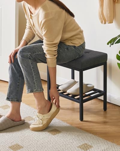IBUYKE Rectangular Makeup Stool, Linen Seat Vanity Chair, Dark Gray WBD017G | Adjustable Feet Storage Space Footrest Multi-Use Small Side Table Ottoman Bedroom