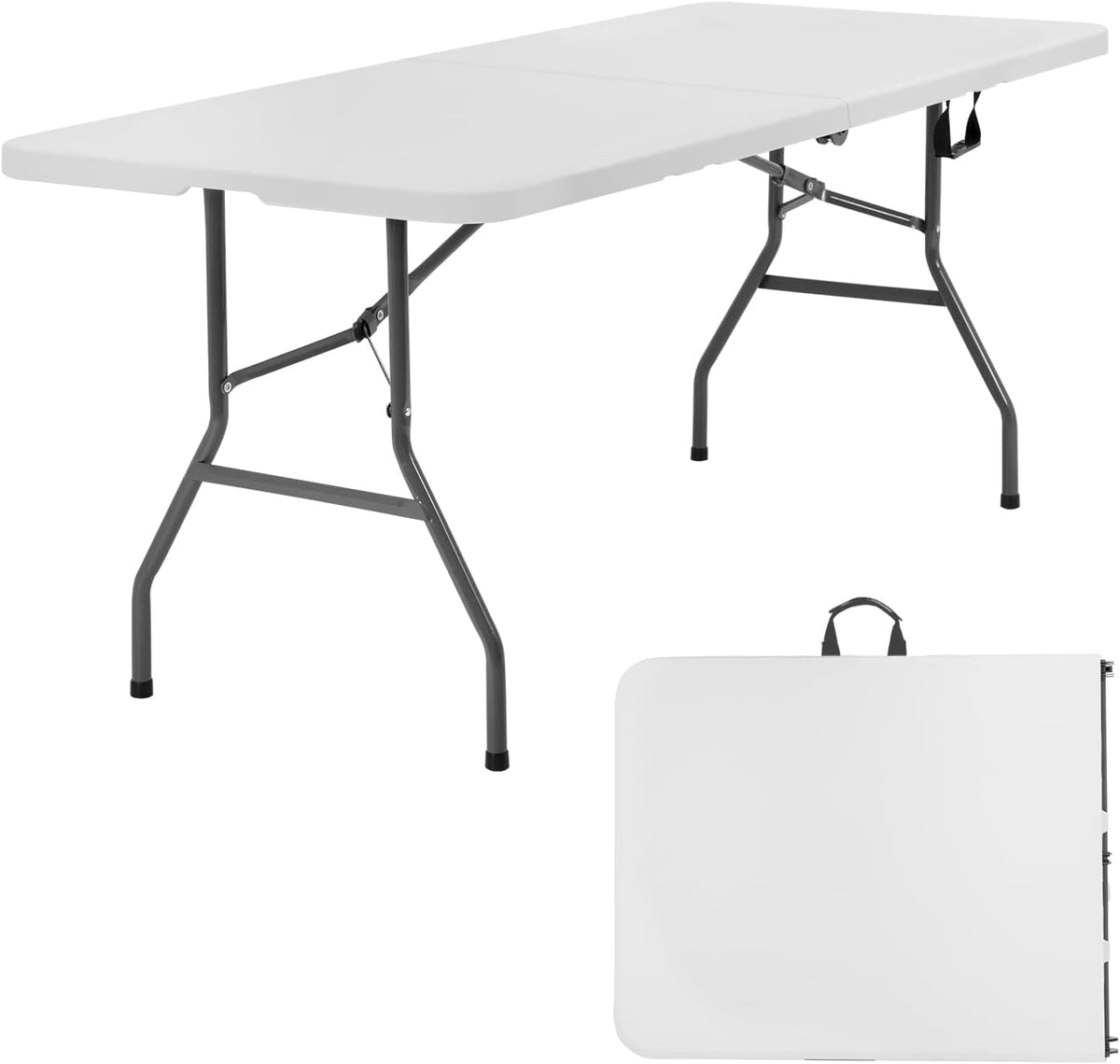 PayLessHere | 6FT Folding Table | Portable Plastic Table with Carry Handle | Waterproof & Foldable Table Design | Steel Frame with Lock | White | for Events, Camping, Indoor & Outdoor Use