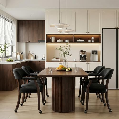 LEEMTORIG Set of 4 Large Dining Chairs with Casters and Arms, Rolling Dining Chairs with Wheels for Elderly, Ergonomic Boss Caption's Chair, 26"Dx25.2"W, Espresso Wood Legs & Black Velvet XXY-HT22-BK