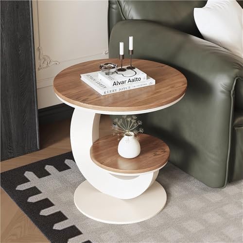 Round Sofa Side Table with 2 Storage Shelves, Vintage Wooden End Tables, Small Bedside Nightstand, Drink Table, Accent Tables for Living Room, Bedroom, Apartment, Small Spaces(Beige,15.7''x23.6'')