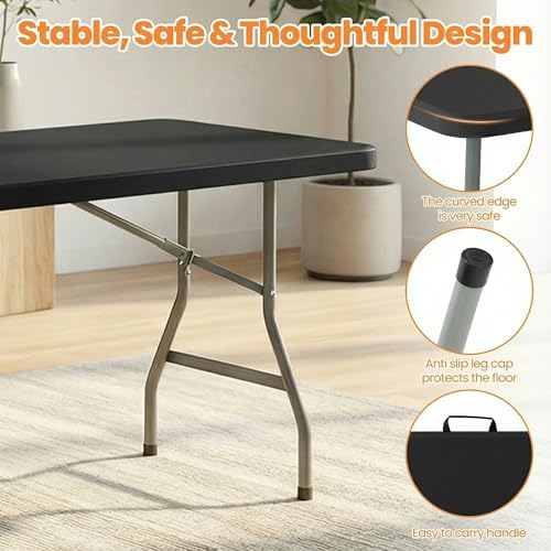 2 Pack Folding Table 6FT Heavy Duty Plastic Utility Table with Carrying Handle for Camping, Party, Picnic, BBQ, Banquet, Folds in Half for Easy Storage, No Assembly Required, Black