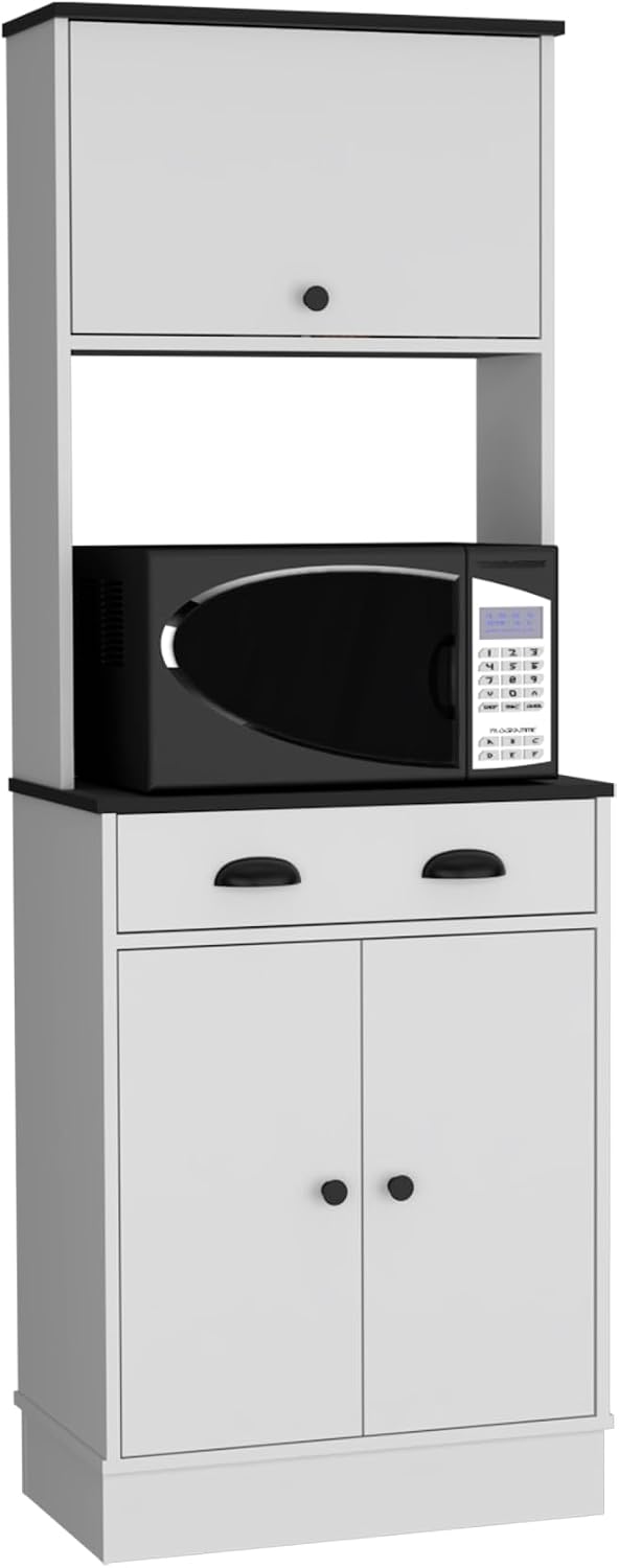 Apex Kitchen Pantry 66.3" H with Drawer, 2 Cabinets, and Microwave Stand, White/Black