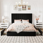 Allewie Queen Size Storage Bed Frame, Vertical Channel Tufted Adjustable Headboard, Velvet Upholstered Platform Bed with 4 Oversized Underbed Drawers, Wooden Slats Support, No Box Spring Needed, Black