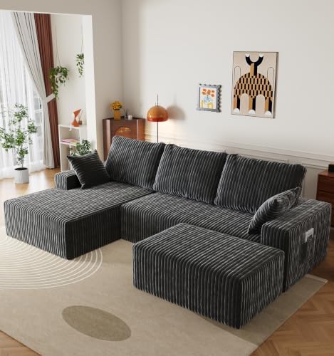 108" U-Shape Modular Sectional Cloud Couch with Ottoman, Deep Seat Couch with Oversized Chaise Lounge, Comfy Flannel Fabric Sofa for Living Room Bedroom Apartment Game Room Basement