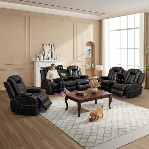 Power Recliner Sofa Set, Breathing Leather Reclining Couch Set, 3 Piece Living Room Furniture Set with LED Lights/Charging Ports/Storage for Home/Office (Black, Sofa+Loveseat+Chair)
