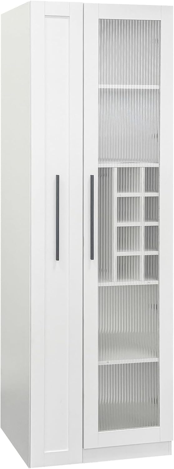 JOYSOURCE Kitchen Hutch Cabinet with 5-Tier Pull-Out Storage Shelves Tall Kitchen Pantry Wine Cabinet Slim Liquor Cabinet with Reeded Glass Door Bottle Dividers & Stemware Rack White